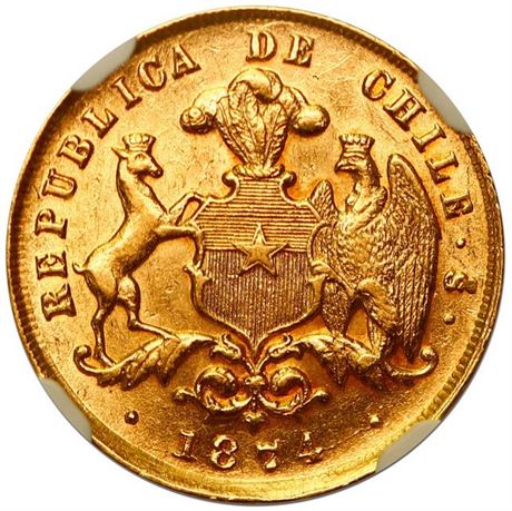 2 Pesos 1874Chile So MS62 ORO